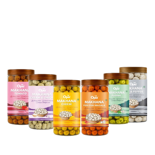 Makhana Peri Peri, Pudina, Cream and Onion, Cheese, Tomato, Salt and Pepper | Pack of 6 | 450 G