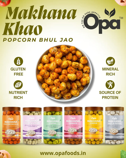 Makhana Peri Peri, Pudina, Cream and Onion, Cheese, Tomato, Salt and Pepper | Pack of 6 | 450 G